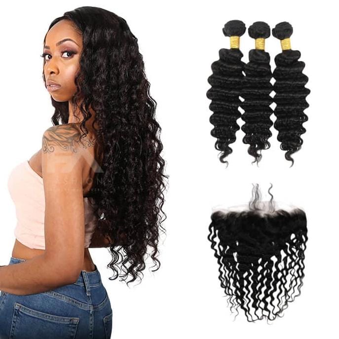 8A Grade Human Hair Deep Wave - 3 Bundles + Deep Wave frontal