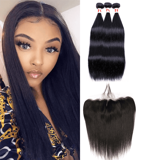 8A Grade Human Hair Straight - 3 Bundles + Straight Frontal