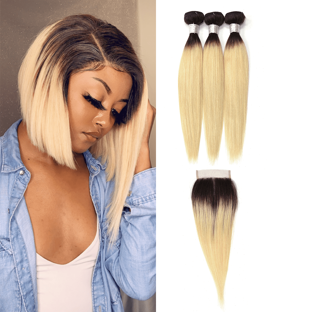 10A Ombre T1B/613 Straight 3 Bundles+Closure