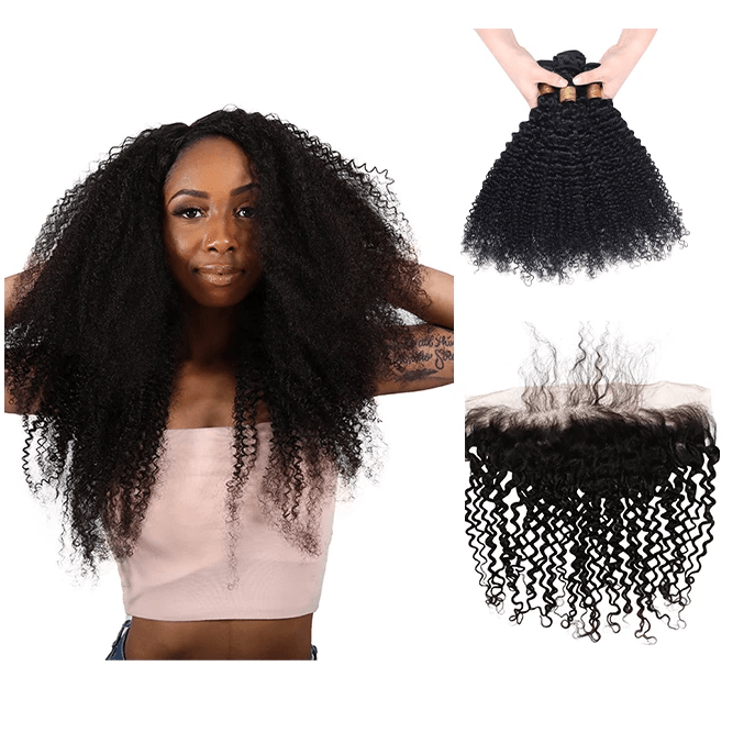 8A Grade Human Hair Kinky Curly - 3 Bundles + Curly Frontal