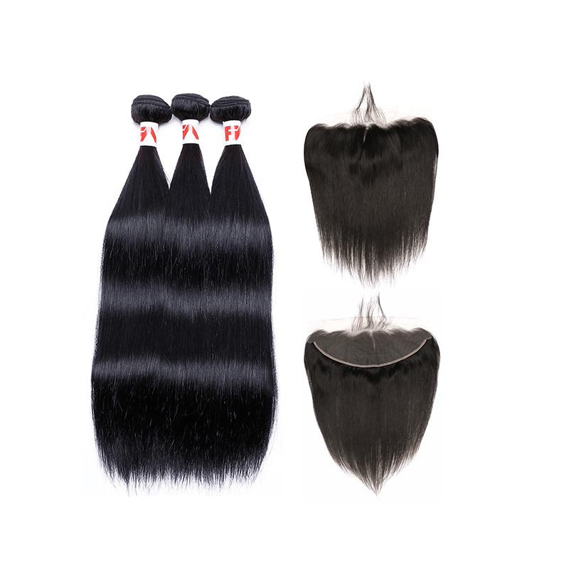 8A Grade Human Hair Straight - 3 Bundles + Straight Frontal