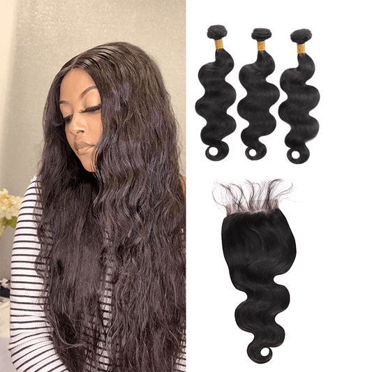 8A Grade Human Hair Body Wave - 3 Bundles + Body Wave Closure